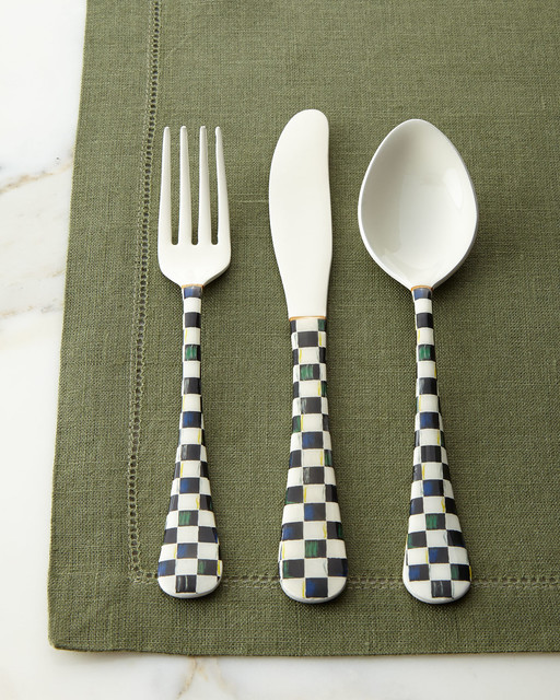 12Piece Courtly Check Enameled Flatware Service BLACK/WHITE