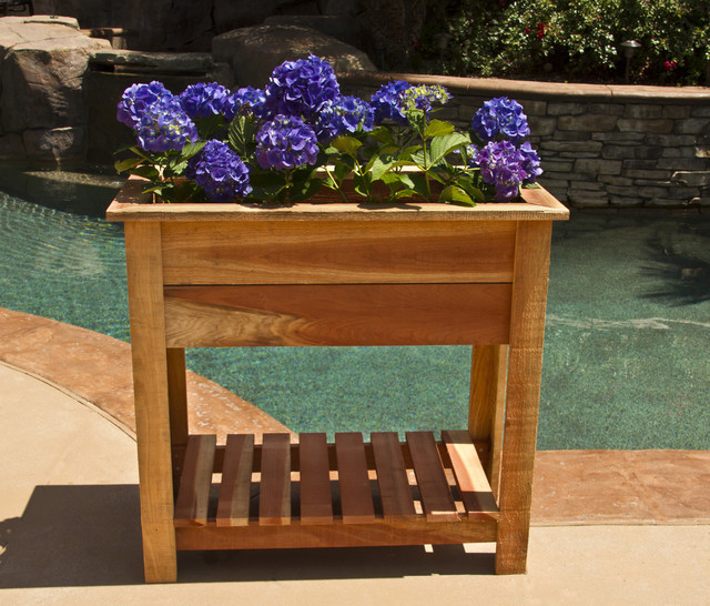 36inch Raised Redwood Planter With Shelf Contemporary Indoor Pots