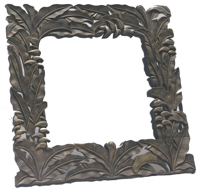 Hand Carved Wood Square Frame with Mirror Tropical Wall Mirrors