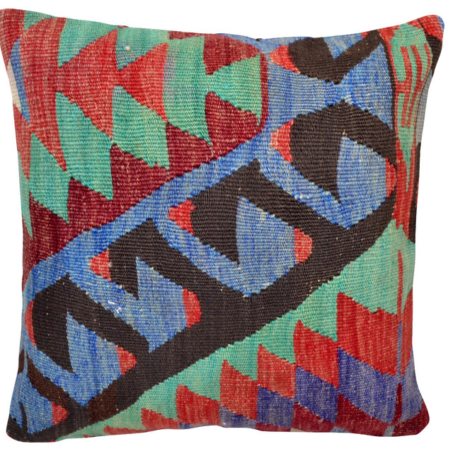 Vibrant 16X16 Square Turkish Kilim Pillow Cover - Mediterranean - Decorative Pillows - by East ...