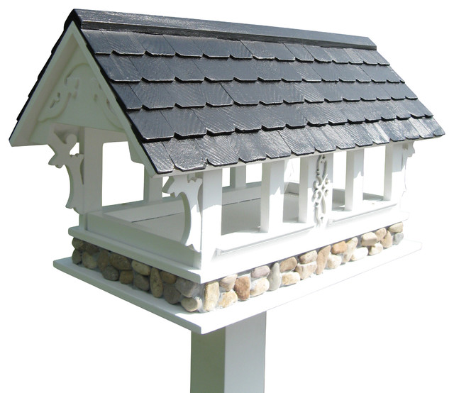 Bridge Bird Feeder, White with Black Roof traditional-bird-feeders