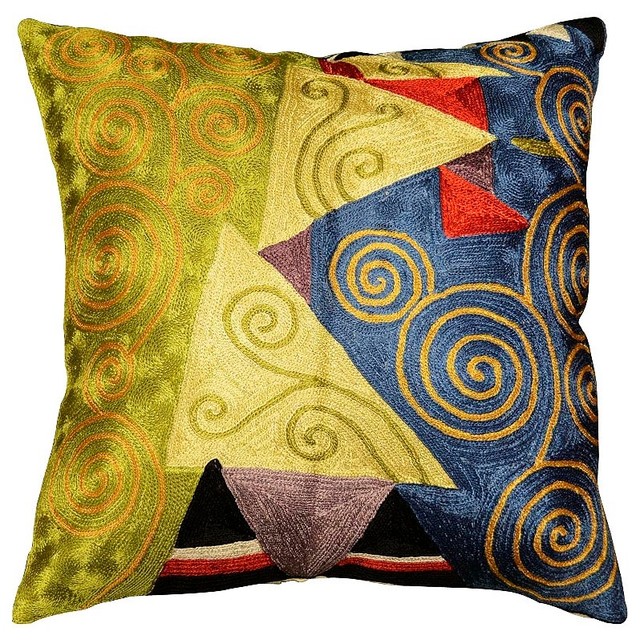 Geo HandEmbroidered Throw Pillow, Green and Blue Contemporary