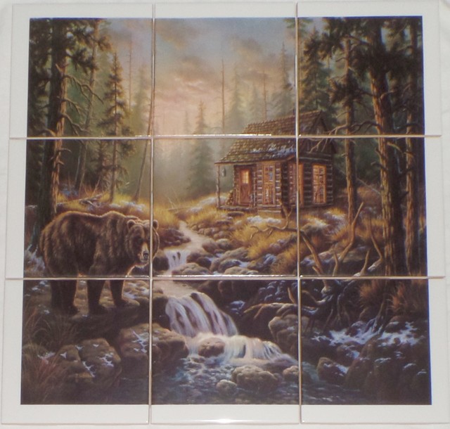 Bear Cabin Ceramic Tile Mural, Back Splash, 9Piece, 4.25" Rustic