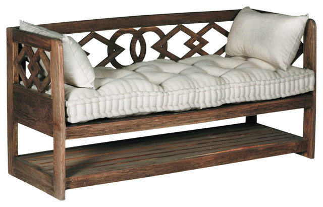 Modena Tufted French Linen Rustic Wood Seating Bench ...