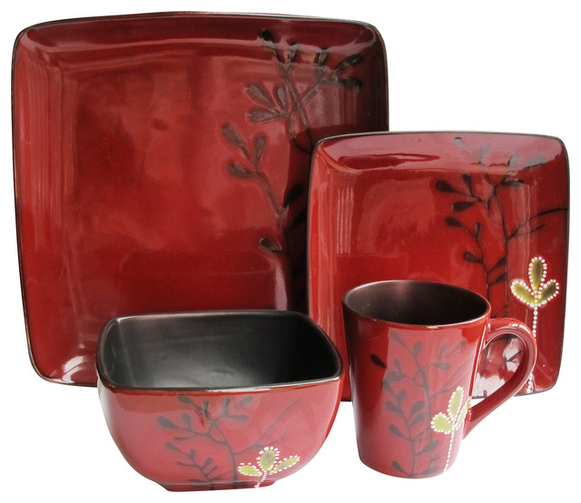 Elise Red 16 Piece Dinnerware Set Contemporary Dinnerware Sets by
