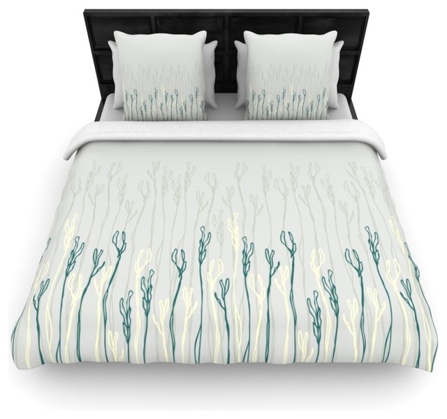 Emma Frances "Dainty Shoots" Gray Teal Cotton Duvet Cover, Queen, 88