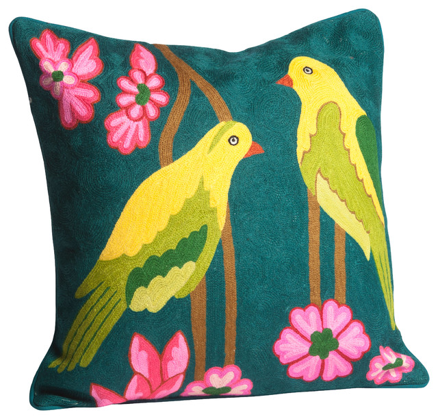 Green Birds Crewel Embroidery Pillow Tropical Decorative Pillows