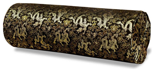 Silk Neck Pillow, Dragon Motif, Black - Asian - Decorative Pillows - by China Furniture and Arts