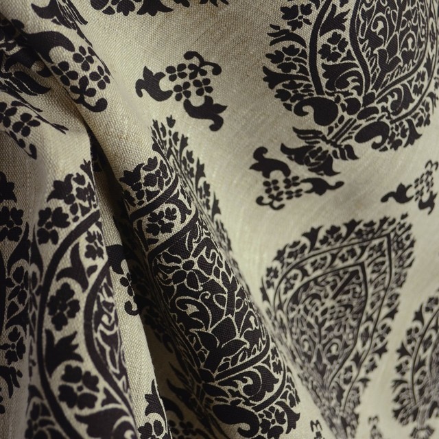 Ottoman Black Oatmeal Real Linen Black Damask Fabric, Sample