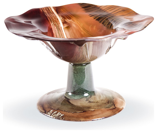 Hand Blown Glass Sugar Plum Ruffled Bowl Contemporary Decorative