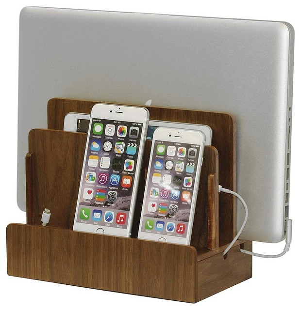 Walnut MultiDevice Charging Station and Dock, Without USB Power Strip Contemporary Charging