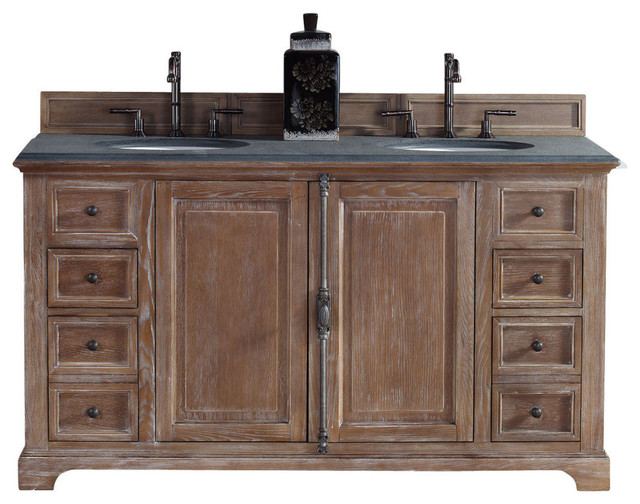 Providence 60" Driftwood Double Vanity With Absolute Black Rustic Stone