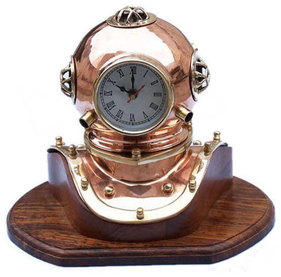 Copper Divers Helmet Clock Diving Helmet Beach Style Decor, Antique, 12