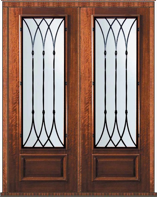 Prehung Double Door 96 Wood Mahogany Warwick 3/4 Lite Wrought Iron