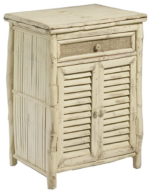 Louvered Nightstand With Woven Rattan Drawer, White Coastal