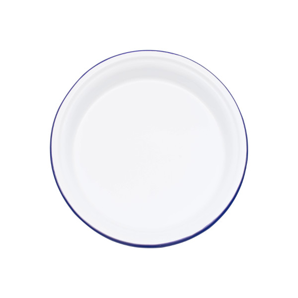 Enamelware Round Serving Tray, 16Inch, White and Blue Rim