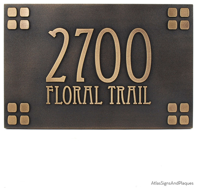 Mission Style Address Sign 12" x 8" in Brass Patina Craftsman House