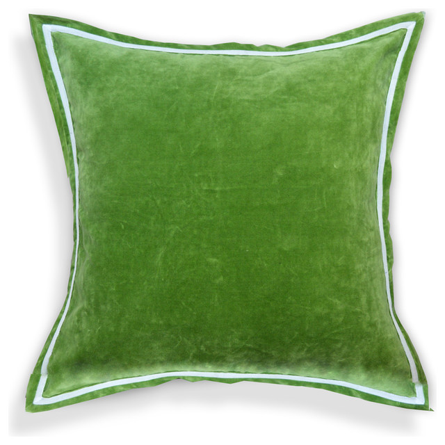 Solid Velvet Designer 20inch White Piping Throw Pillows, Olive Green