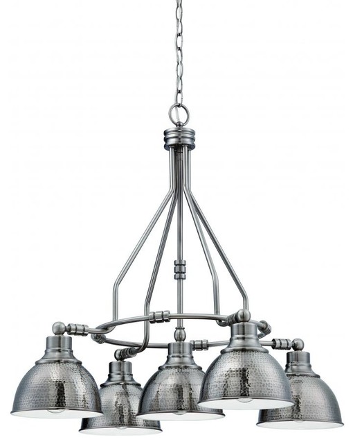 Five Light Antique Nickel Hammered Metal Shade Down Chandelier