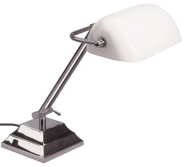 Dainolite Bankers Satin Chrome and Gloss White Desk Lamp Contemporary
