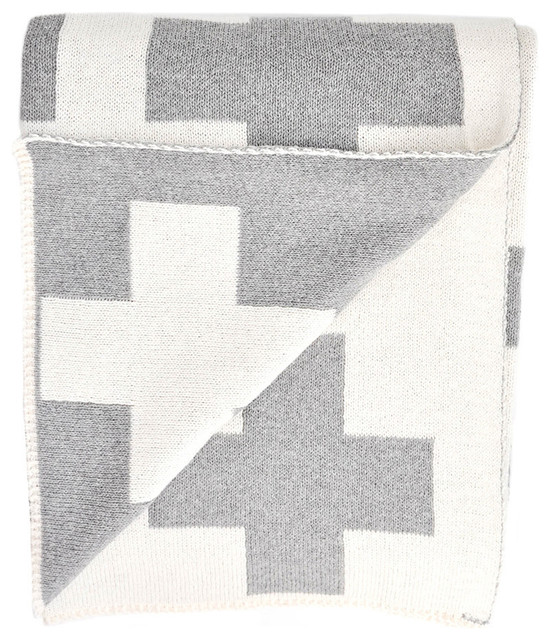 Swiss Cross Crux Reversible Blanket Throw, Light Gray/Milk Modern