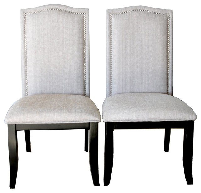 Upholstered Beige Fabric Dining Chairs with Nailhead Trim