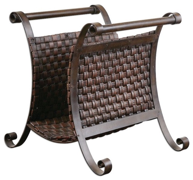 Metal Magazine Holder Woven Straps Leather Mocha Home Decor Traditional Magazine