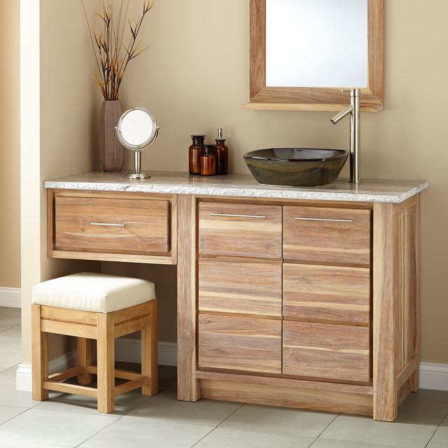 60" Venica Teak Vessel Sink Vanity with Makeup Area Whitewash