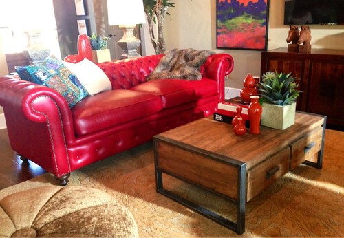 Designed by Gallery Furniture- Austin Home - VALENTINE POMEGRANATE LEATHER SOFA