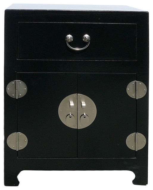 Chinese Black Veneer Leather End Table Nightstand Asian Side Tables And End Tables by
