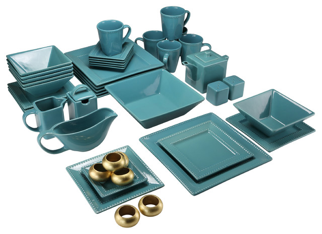 Nova Square 45-Piece Dinnerware Set, Teal - Contemporary - Dinner Sets