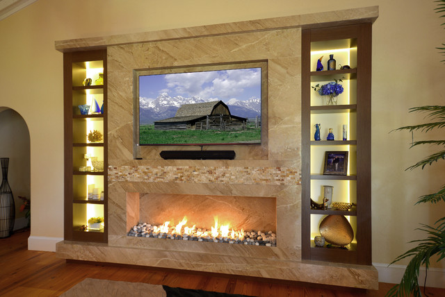Marble Fireplace/TV wall with Wenge custom frosted glass ...