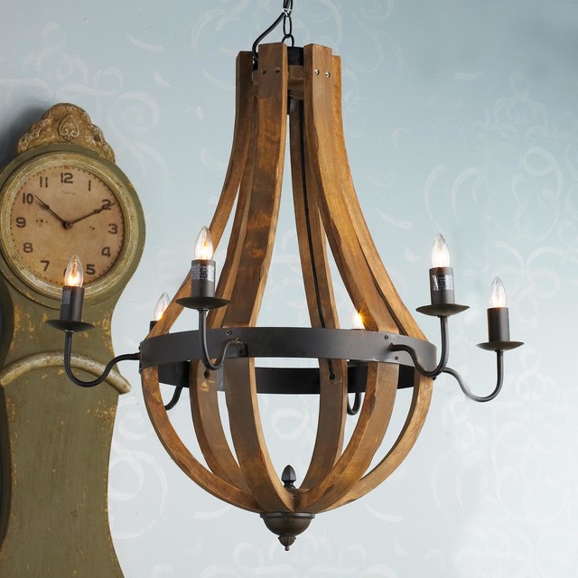 Wooden Wine Barrel Stave Chandelier, Dark Stained Wood Traditional