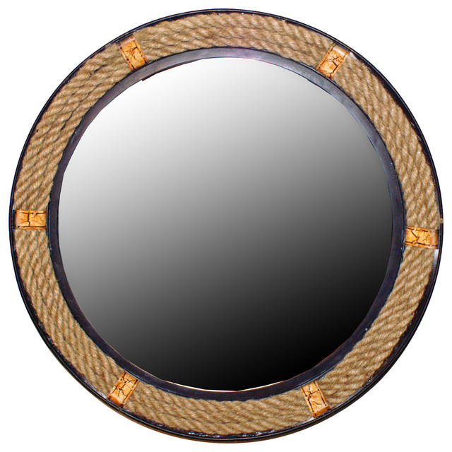 Rope Framed Round Wall Mirror, Large Beach Style Wall Mirrors by