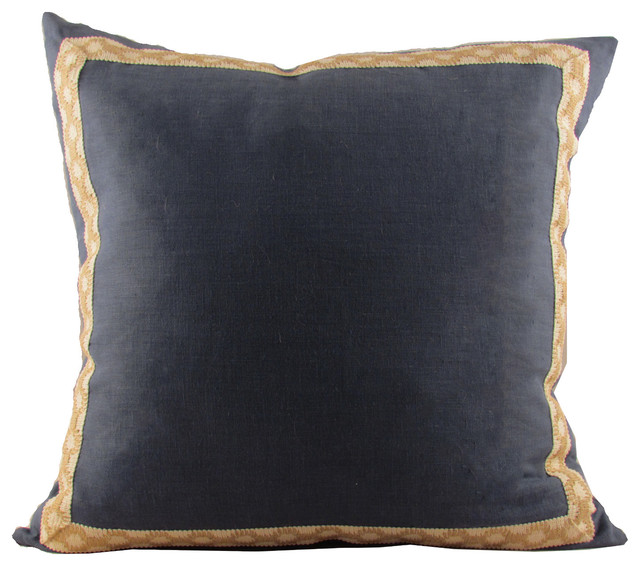 Navy Linen with Jute-on-Cotton Hanmpton Trim Throw Pillow - Contemporary - Scatter Cushions - by ...