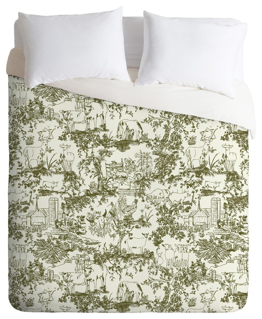 Farm Land Toile Duvet Cover, Vintage Green, Luxe Farmhouse Duvet