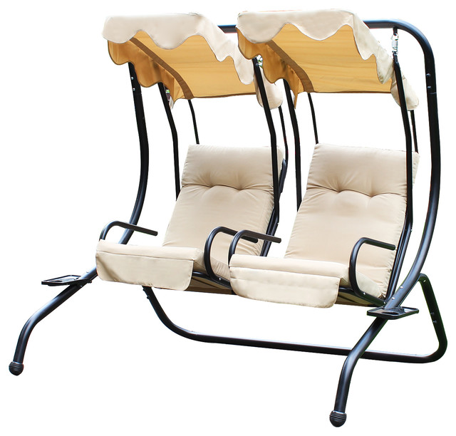 Adeco Double Swing Chairs with Frame / Canopy / Cupholder, Tan Modern