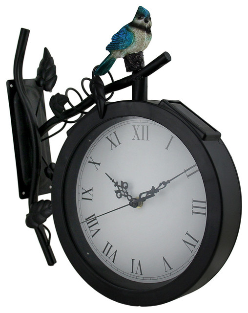 Bird on Ivy Branch Black Metal Solar Powered LED Outdoor Wall Clock