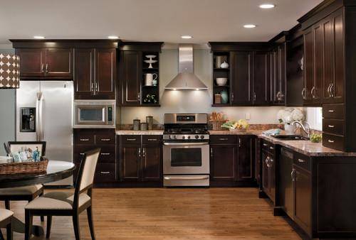 Espresso Kitchen Cabinets Stainless Steel Appliances Solid Wood Dark Wood Cabinet Elegant Style Doors Kitchen Inspiration