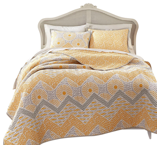 KD Spain Sunnyside YellowGold Gray Twin Quilt Sham Set Contemporary Quilts And Quilt Sets