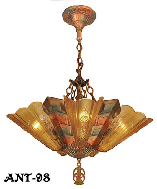 Antique Art Deco Slip Shade Fenwick Chandelier C1933 Traditional