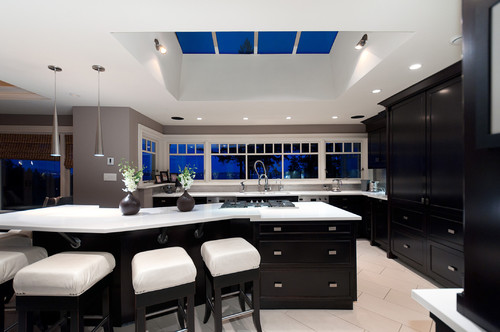 Kitchen With Black Cabinets Space Modern Wall Black Kitchen Cabinet Marble Walls Light Create Countertop Cabinetry Cabinets Black Bold Paint Style Stylish Island Tiles Backsplash