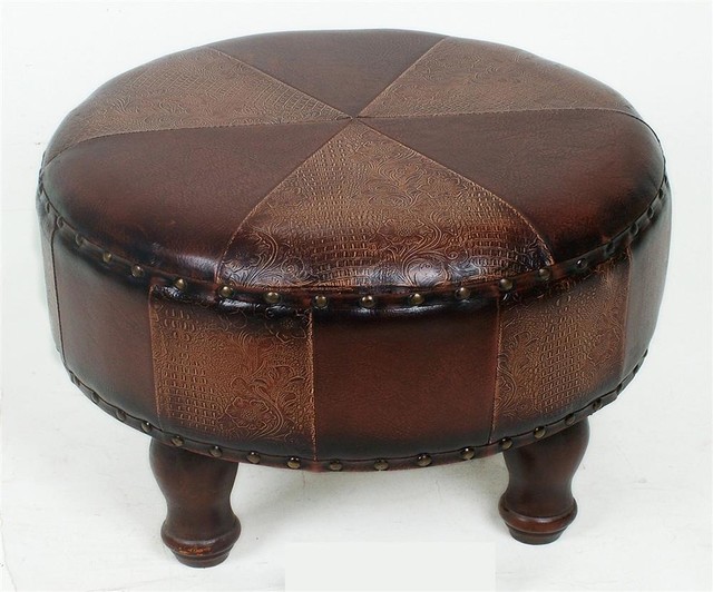 Faux Leather 24 in. Mix Pattern Round Ottoman Traditional