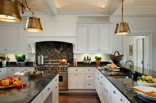 Black Countertop White Cabinetry Granite Countertops Island Countertop U Shaped Kitchen Neutral Color Palette 