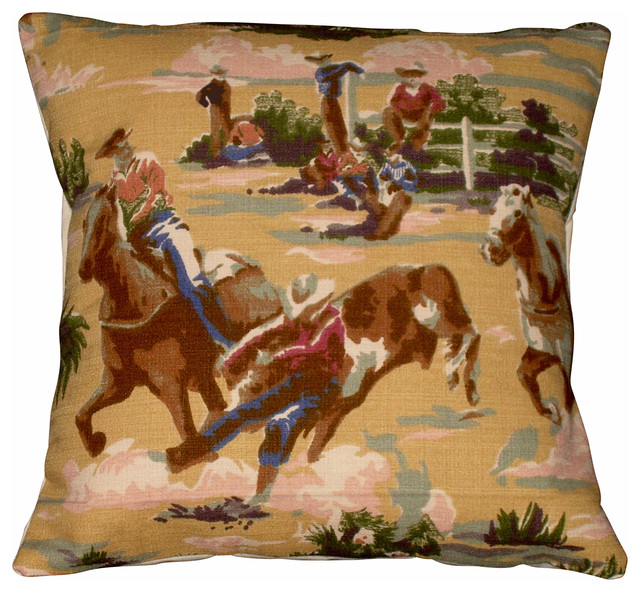 Mid Century Western Pillow Cover Barkcloth Cowboys Wild West