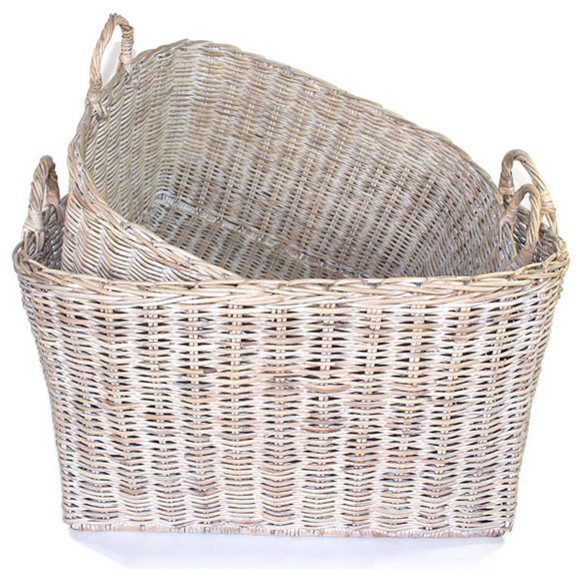 White Wash Rattan Family Storage Baskets, Set of 2 Farmhouse