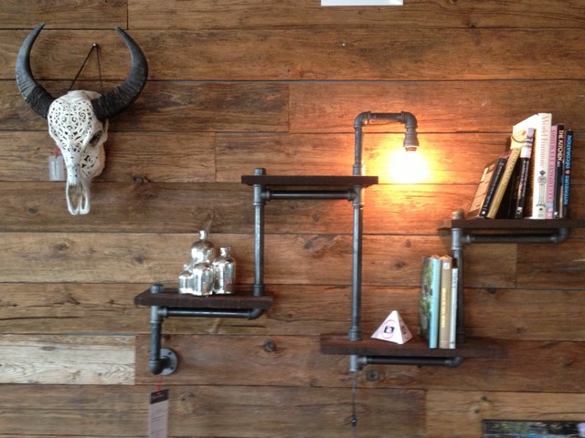 Rustic Industrial Wood & Pipe Shelving Unit with Light