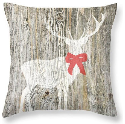 Christmas Deer With Red Bow Pillow - Rustic - Decorative Pillows - by Suzanne Powers
