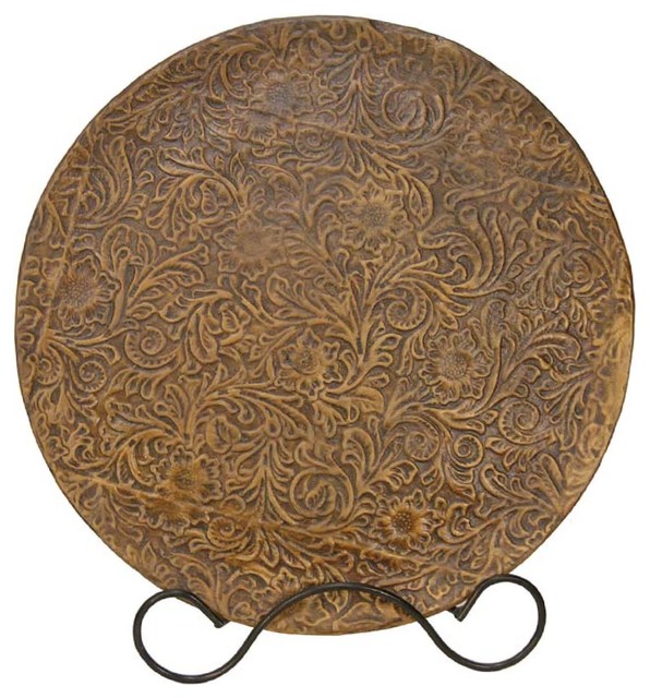 HighFired Ceramic Tooled Leather Design Charger Plate With Easel