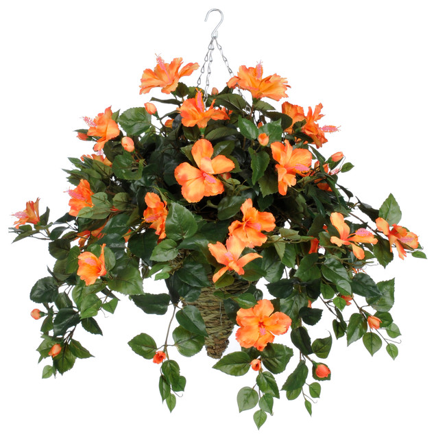 Artificial Orange Hibiscus In Cone Hanging Basket Transitional